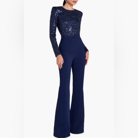 Nadine Merabi Misha Belted Long Sleeve Flare Jumpsuit Navy - Picture 4 of 9